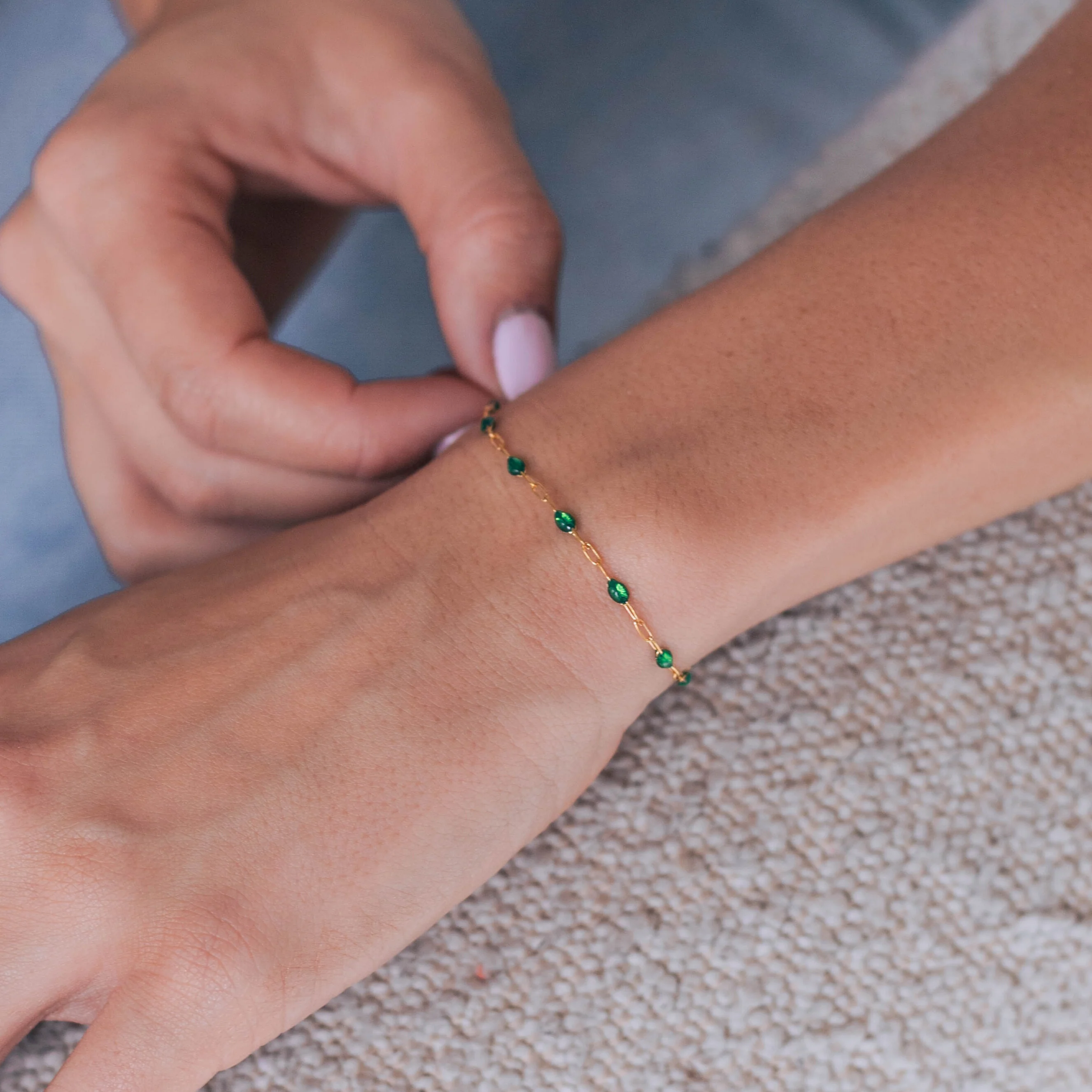Esmerelda Permanent Jewelry Chain, Emerald Green Enamel Design, Cable Links, Available in Gold Filled and Sterling Silver - Image 2